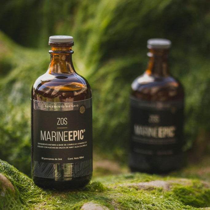 Marine Epic biotechnology supplement bottle in natural outdoor setting promoting longevity and anti-aging benefits