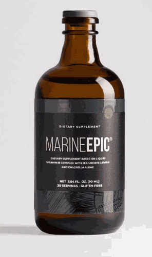 Marine Epic biotechnology supplement bottle for longevity and anti-aging with sea caviar and chlorella algae ingredients