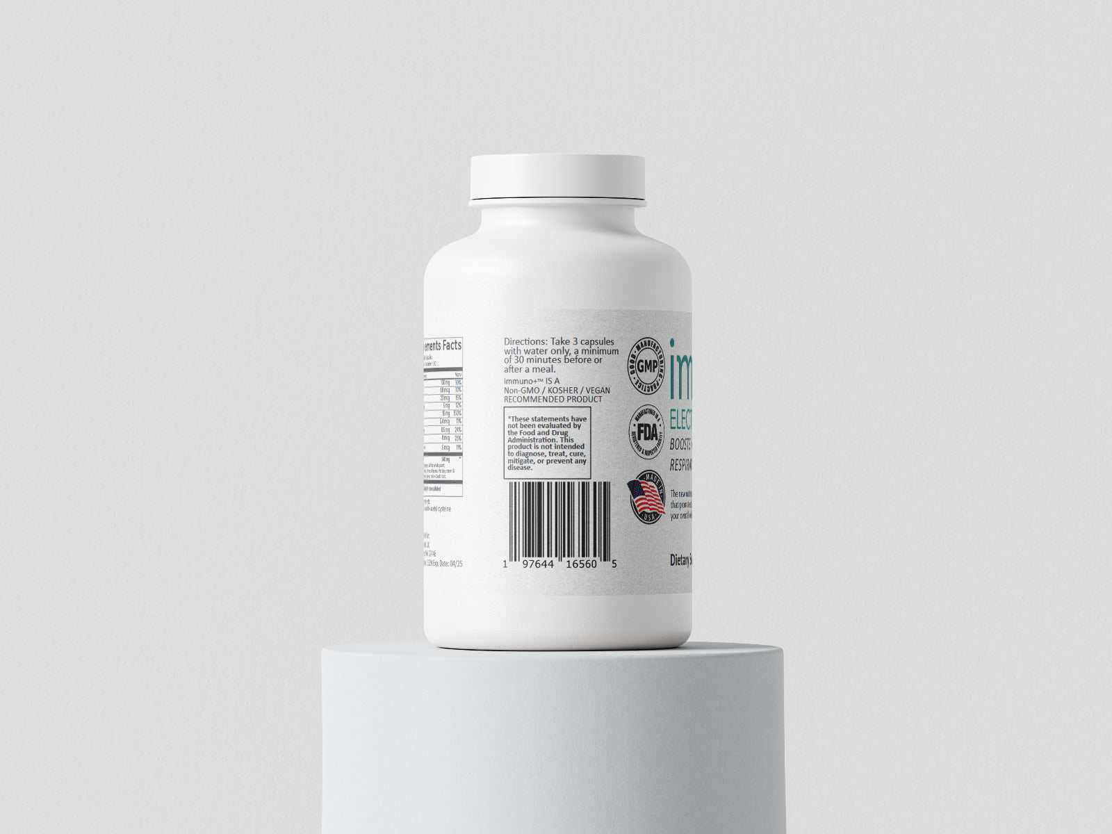White bottle of Immuno+™️ - Electrocide®️ dietary supplement capsules on a light gray pedestal against a plain gray background