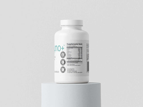 White bottle of Immuno+™️ - Electrocide®️ immune support supplement capsules with label showing supplement facts.