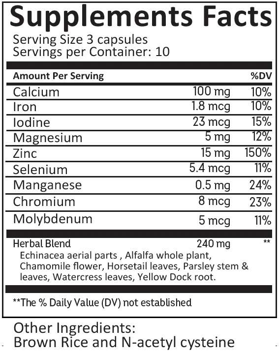 Supplement facts label for Immuno+™️ - Electrocide®️ showing minerals like calcium, iron, iodine, magnesium, zinc, selenium, manganese, chromium, molybdenum, and herbal blend ingredients including echinacea, alfalfa, chamomile, horsetail, parsley, watercress, and yellow dock root.
