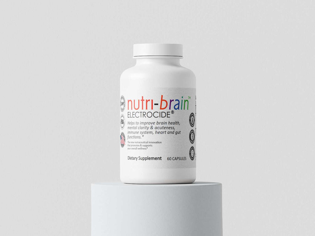 Nutri-brain memory boosting brain health dietary supplement bottle with Electrocide formula on pedestal