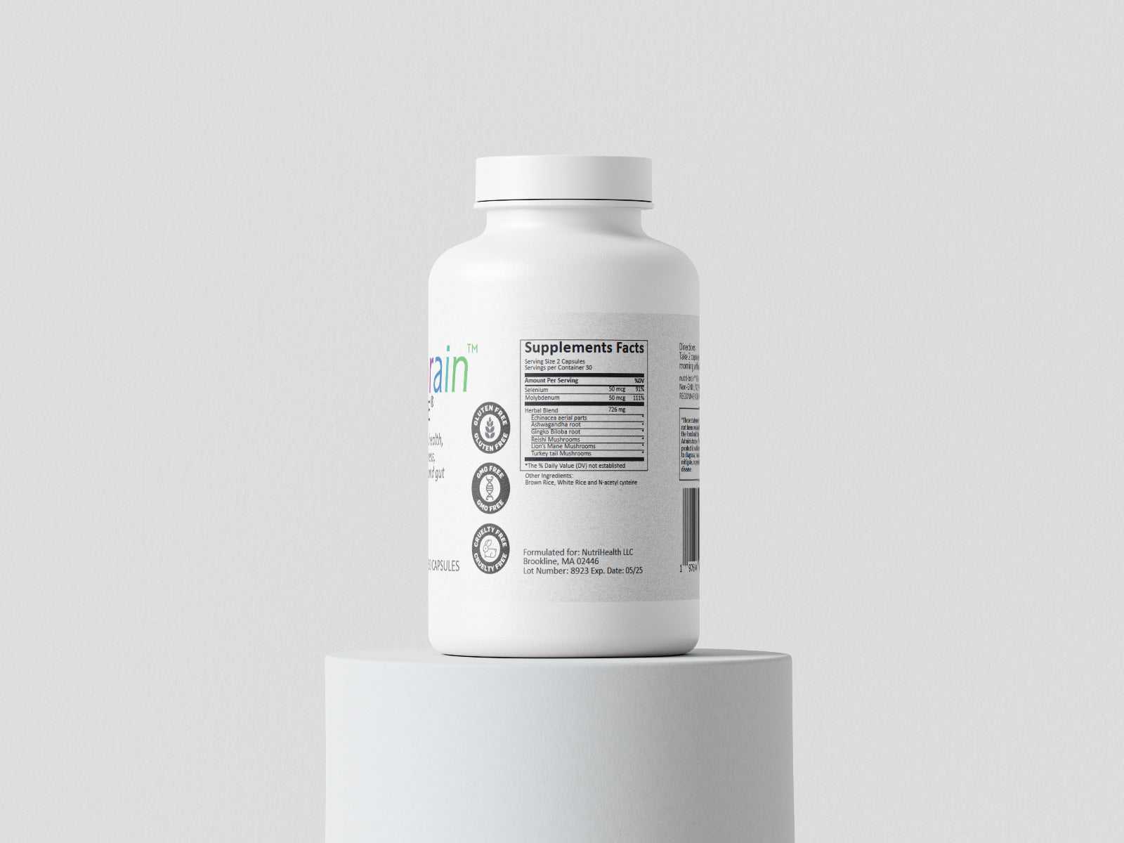 white nutri-brain memory boosting supplement bottle with label and supplement facts panel on gray pedestal